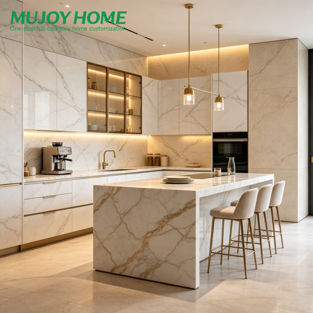 Custom Marble Kitchen Island with Countertop Sink and Cabinet Combination for Villa Design