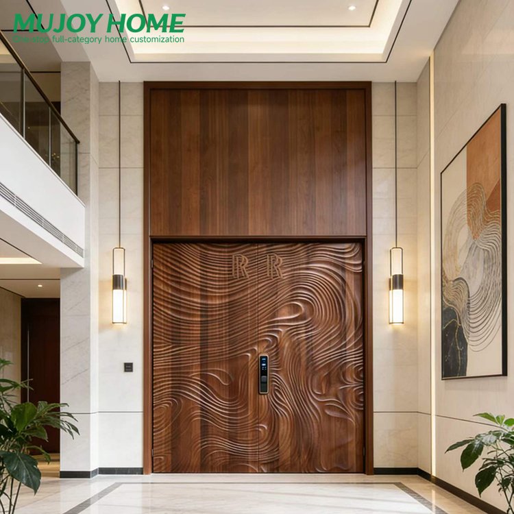 Solid Wood Exterior Door Sidelight Front Entrance for House Security Thermal Insulation