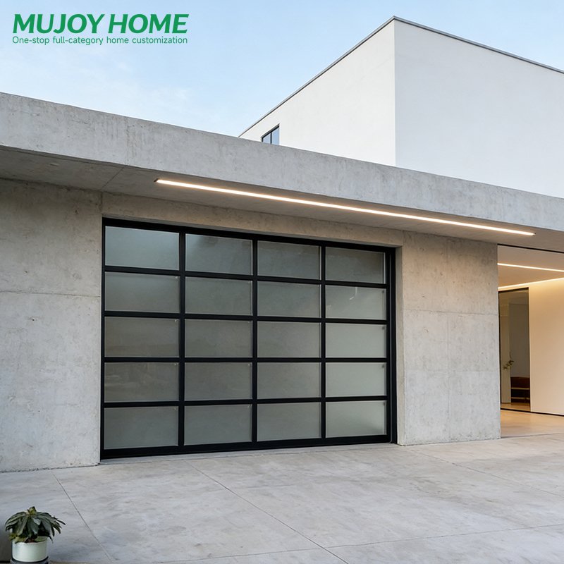 Privacy Glass Garage Door with Frosted or Black Tinted Glass Aluminum Frame Full View Section