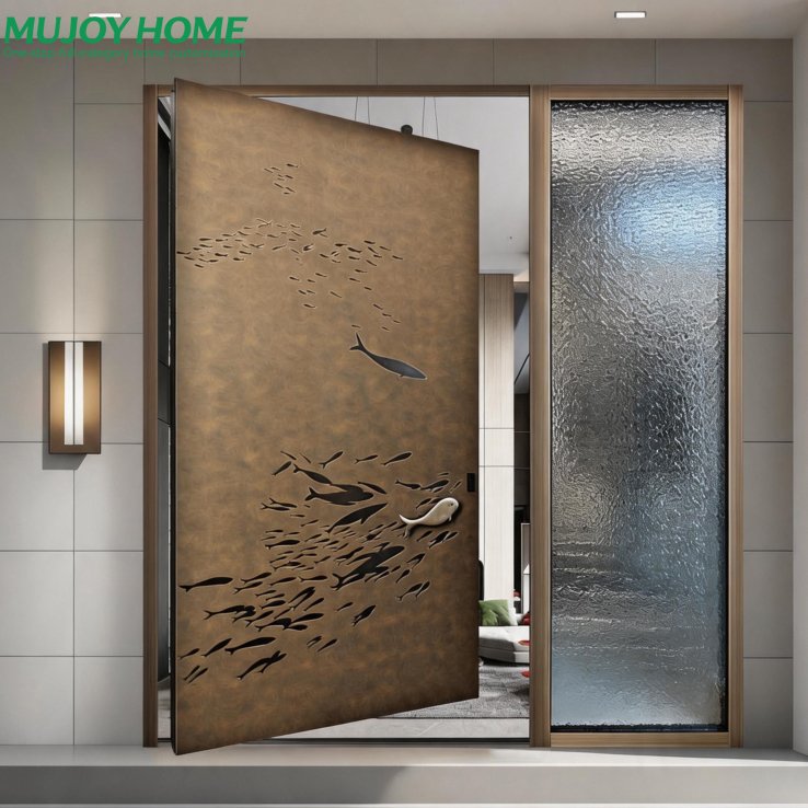 Aluminum Pivot Entry Door Anti-Theft Entrance Door With Tempered Glass for House